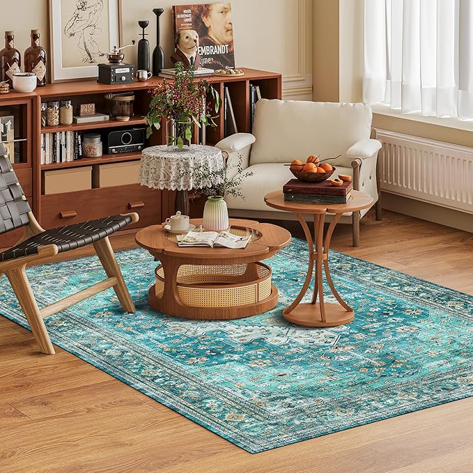 Washable Area Rug 3' x 5 ' Vintage Traditional Persian Mat - Foldable Distressed Non-Slip Machine Washable Carpet for Living Room Bedroom Kitchen Home Decor - Teal and Gold