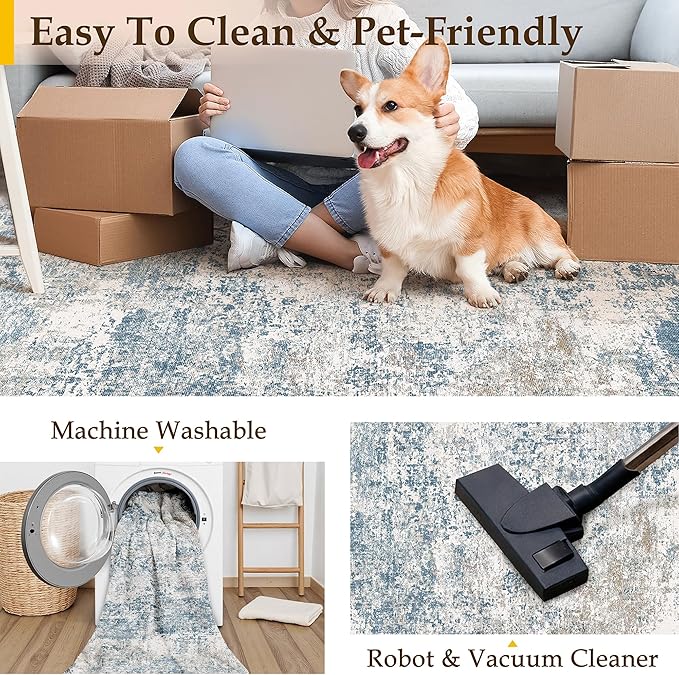 Blue 2x8 Runner Rug Washablel Abstract Hallway Carpet Modern Neutral Non Slip Soft Carpet Low Pile Contemporary Aesthetic Long Rug for Bathroom Laundry Kitchen Bedroom