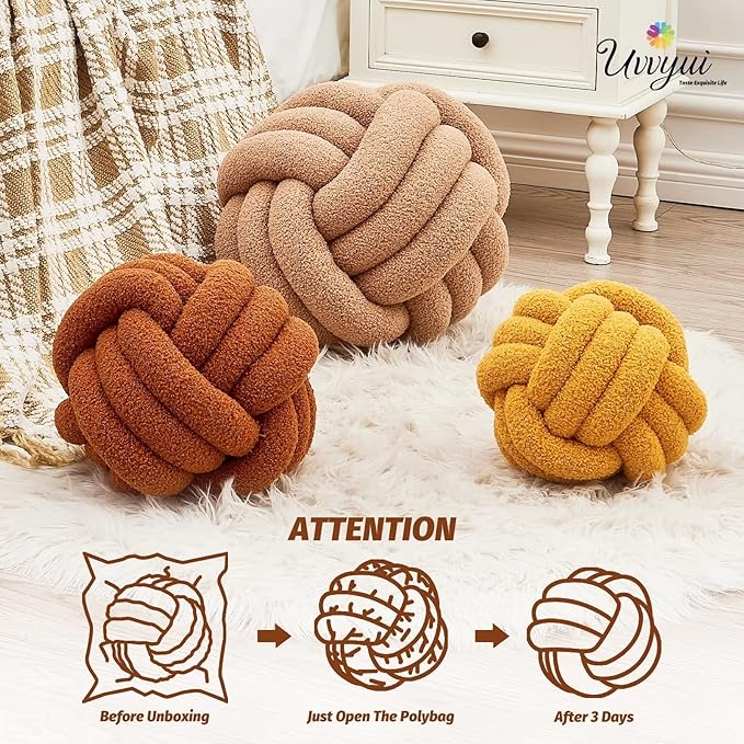 Uvvyui Knot Pillow Ball, Soft Home Decorative Pillows, Round Throw Pillow, Handmade Knotted Plush Pillow, Round Boucle Pillow Cushion (14 Inches Caramel)