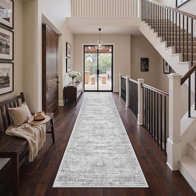 3x12 Runner Rug for Hallway, Non-Slip Long Bathroom Rugs Runner for Kitchen, Bedroom, Soft Vintage Abstract Washable Rug for Entryway, Thin Floor Mat for Dining Room(3'x12', Grey/Ivory)