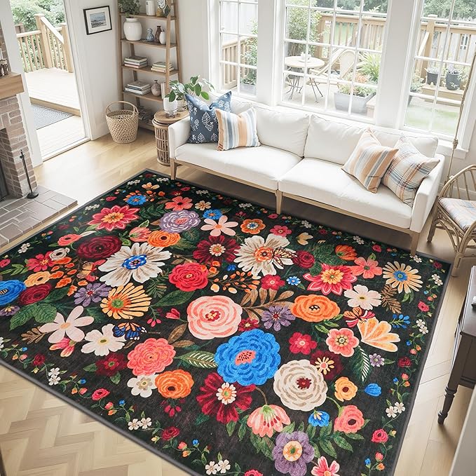 Washable Area Rug 8x10 Black/Brown, Large Soft Rugs for Living Room Floral Carpet 8x10 Area Rugs for Bedroom Dining Room Non-Slip Stain Resistant Under Table Rug (8 x 10, Black/Brown