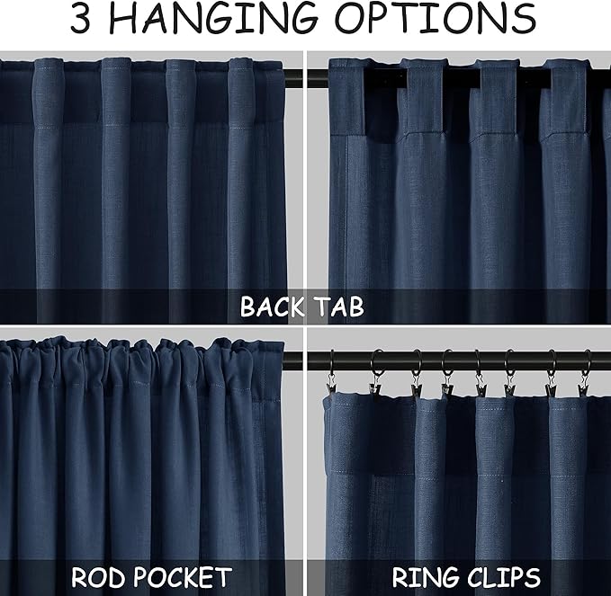 Nanspring Denim Blue Linen Curtains 90 Inch Long 2 Panels Set for Bedroom Living Room Denim Blue Linen Textured Window Drapes Semi Sheer Light Filtering Rod Pocket Back Tab Farmhouse Curtain 52x90