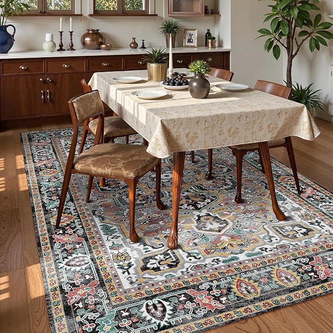 Washable Area Rug 3' x 5 ' Vintage Traditional Persian Mat - Foldable Distressed Non-Slip Machine Washable Carpet for Living Room Bedroom Kitchen Home Decor - Slate and Multicolor