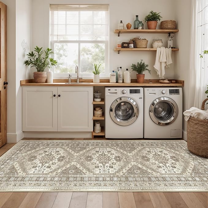 3x10 Runner Rug Non Slip Washable for Entryway, Front Porch, Vintage Hallway Runner for Laundry Room, Bedroom, Stain Resistant Thin Indoor Kitchen Mats for Floor(Brown,3'x10')