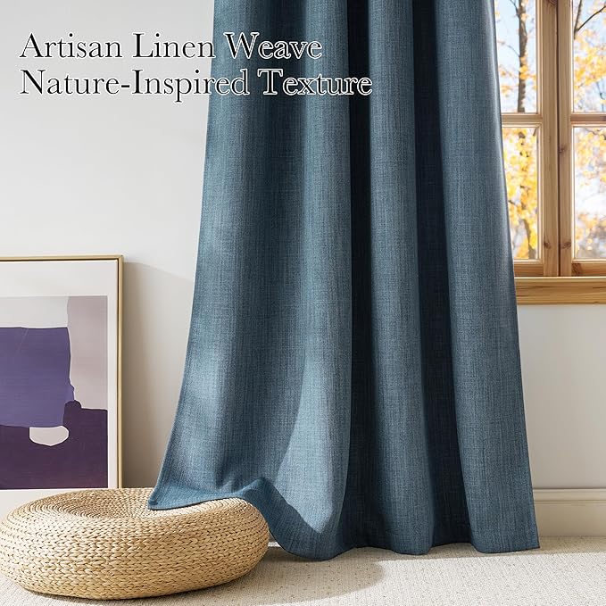 NICETOWN Faux Linen Mist Blue Blackout Curtains 84 inches Long for Living Room - Privacy Panels for Bedroom, Modern Farmhouse Style Easy Care Grommet Top, 2 Panels, W52 by L84