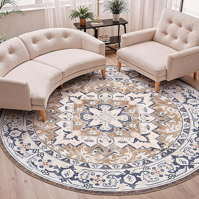 Lofus 6ft Area Rugs for Living Room, Washable Area Rug, Rugs for Bedroom, Kitchen, Vintage Boho Carpet, Soft Non-Slip, Low Pile Large Area Rug for Office Dining Room, Floral Brown