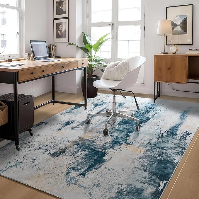 Ompaa Living Room Rug 5x8 Aqua Blue Area Rug Machine Washable Boho Rug Non Slip Abstract Vintage Indoor Large Rugs for Bedroom, Classroom, College Dorm, Farmhouse, Dining Room, Kids Playroom