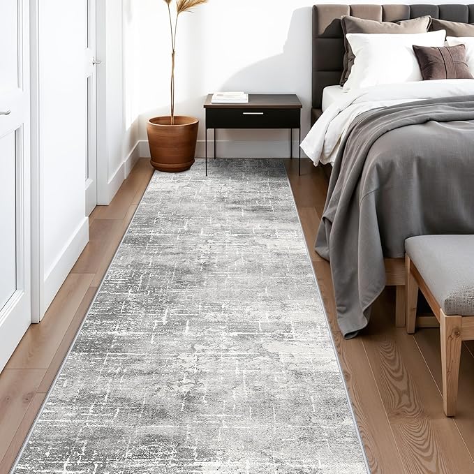 Washable Long Hallway Runner Rug: Non-Slip 2'6x12 Kitchen Rugs Abstract Entryway Bathroom Runner Soft Living Room Bedroom Beside Floor Mat Indoor Farmhouse Carpet for Home Office(2'6x12,Light/Grey)