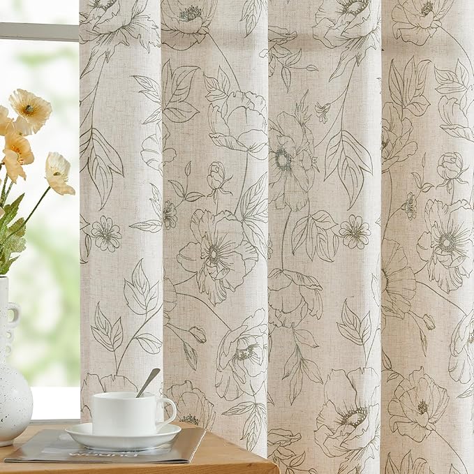 jinchan Floral Linen Curtains for Living Room 96 Inch Length Green Flower Curtain Rod Pocket Back Tab Farmhouse Curtains with Printed Floral Bedroom Window Curtain Set, 2 Panels Green