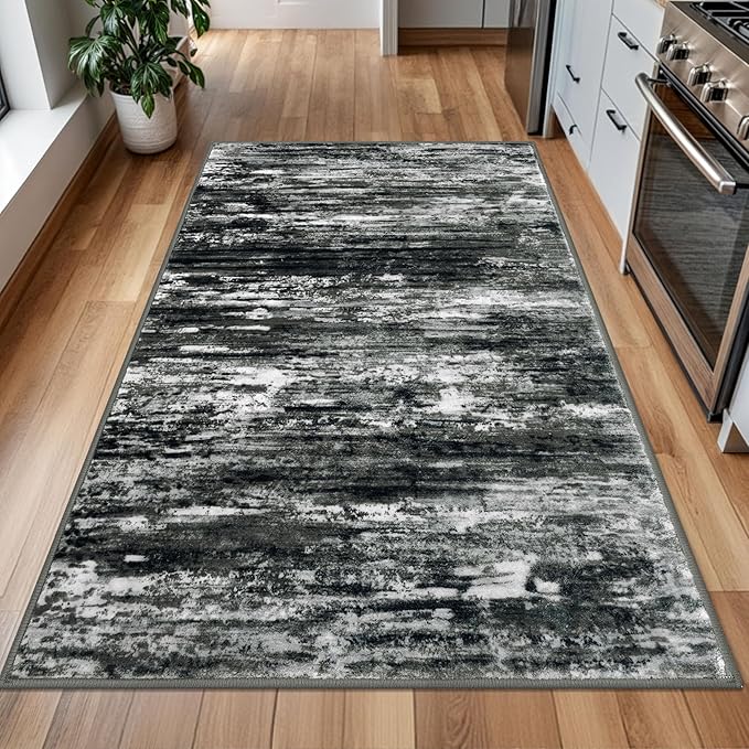 KOZYFLModern Abstract 4x6 Ft Washable Large Rugs for Entryway Non-Slip Soft Living Room Rug, Print Black Grey Throw Rugs Indoor Mat for High-Traffic Door Entrance, Laundry, Nursery, Bedroom