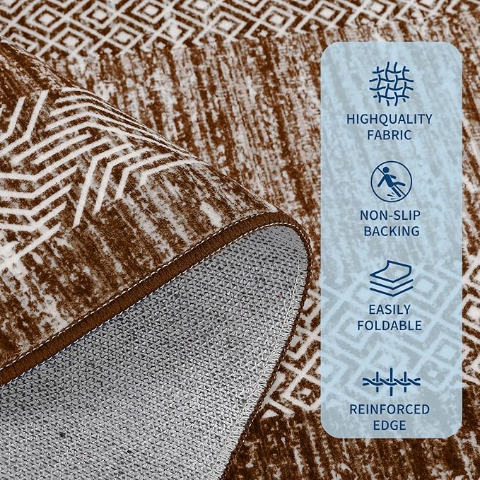GarveeHome Extra Large Area Rug 10x13 Modern Geometric Rug with Non Slip Rubber Backing, Thin Washable Foldable Carpets, Soft Low Pile Non Shedding Printed Floor Mats for Hotel Office, Brown