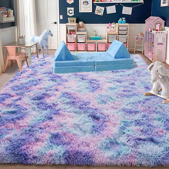 Rugs for Bedroom 4x6, Soft Shaggy Modern Shag Area Rug for Living Room, Upgrade Non-Slip Plush Fluffy Carpet for Kids Boys Girls Room Home Decor Aesthetic, Rainbow Purple