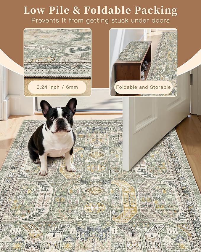 Madane Runner Rug 2x8, Washable Hallway Runner Rugs, Non-Slip Low-Pile Soft Kitchen Rug Runner Laundry Room Rug, Vintage Throw Entry Foyer Mat for Entrance Living Room (Green/Gold, 2 x 8)