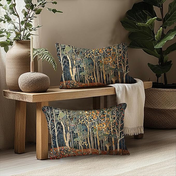 Rustic Autumn Forest Pillow Covers 20x12 Set of 2, Fall Home Room Decor, Vintage Botanical Nature William Morris Inspired Decorative Throw Pillow Covers for Home Bedroom Living Room