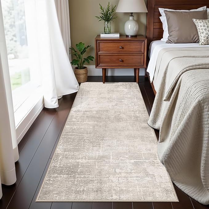 Washable 2x5 Kitchen Runner Rug: Abstract Water Resistant Sink Stove Entryway Rug Soft Living Room Bedroom Beside Carpet Thin Low Pile Non-Slip Hallway Bathroom Laundry Room Floor Mat(2X5,Beige/Cream)