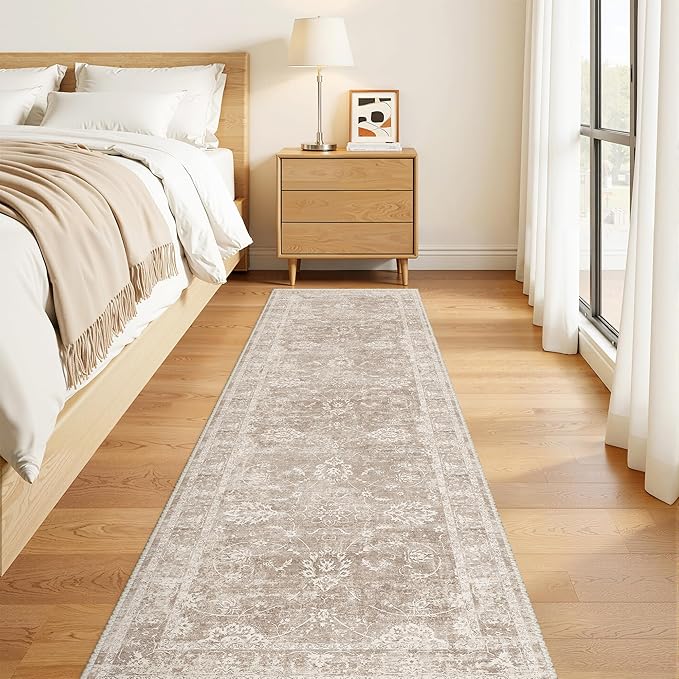 Madane Runner Rug 2x8 for Hallway, Kitchen Non-Slip Runner Rug with Rubber Backing, Vintage Soft Low Pile Throw Neutral Carpet Runner for Laundry Room Entryway Bathroom Bedroom (2 x 8, Brown/Sand)