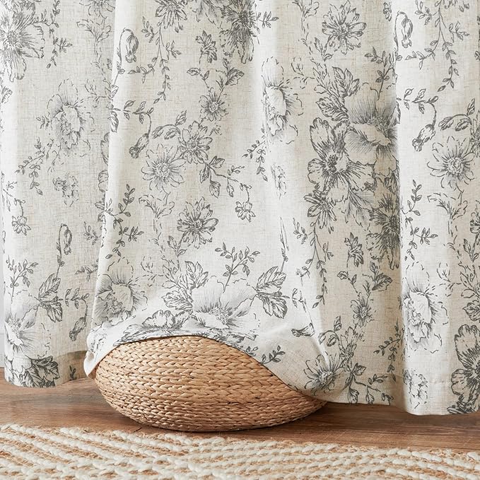 jinchan Linen Blend Curtain Floral Curtains for Living Room 84 Inch Length Grey Printed Curtain Rod Pocket Back Tab Farmhouse Peony Flower Patterned Drapes Bedroom Window Curtains Set 2 Panels