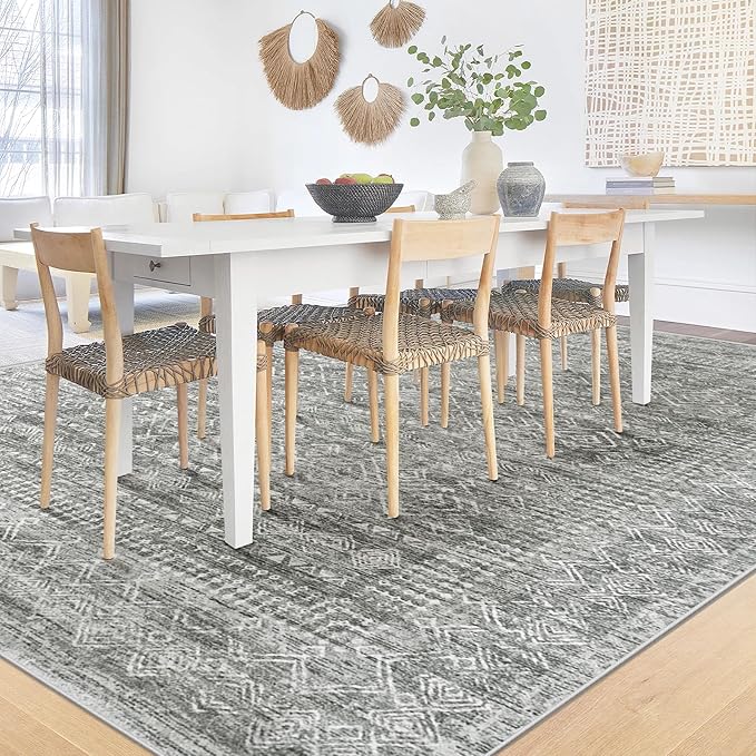 6x9 Area Rugs for Living Room: Washable Moroccan Geometric Boho Rug Farmhouse Non Slip Stain Resistant Large Rug Low Pile Soft Carpet for Bedroom Dining Room Home Office Children Room (Grey,6'x9')