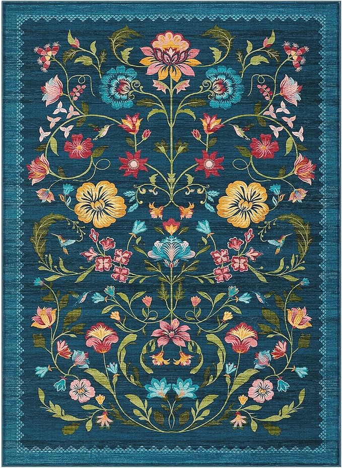 GarveeHome Washable Rug 9x12 Area Rugs for Living Room, Floral Rug for Bedroom, Soft Vintage Non Slip Throw Rugs with Rubber Back, Low Pile Stain Resistant Boho Floral Carpet for Dining Room, Blue