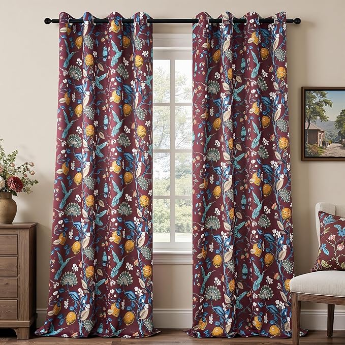 Topfinel Rust Floral Curtains 96 Inches Long 2 Panels Unique Beige Luxury Elegant Colorful Euro Flower Hummingbird Patterned Rustic Vintage Grommet Drapes for Classroom Room Office Closet