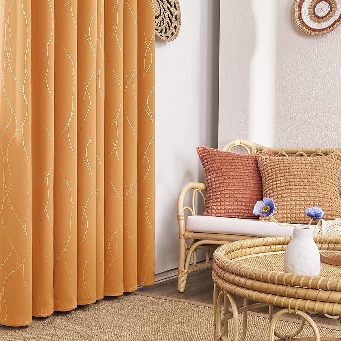 Deconovo Grommet Blackout Curtains for Home Decoration, 54 Inch Long, Set of 2 - Window Curtain Panels, Wave Line and Dots Pattern (52 x 54 Inch, Orange Flame, Set of 2)