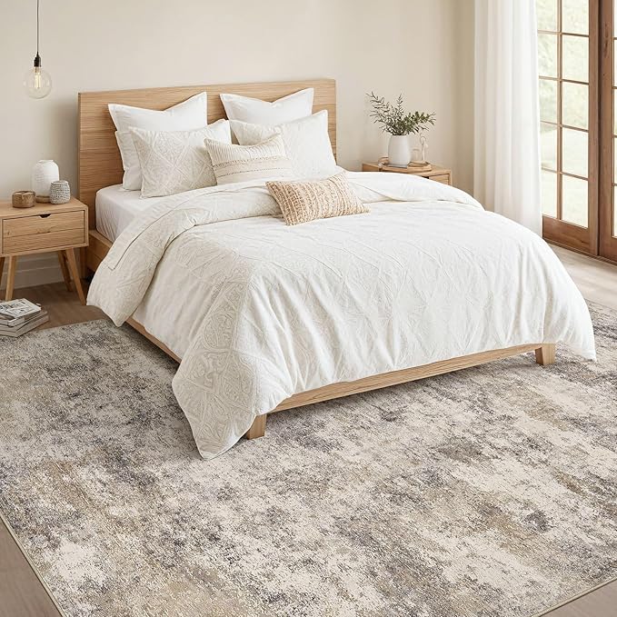 Nakagishi 9x12 Area Rugs Living Room: Washable Abstract Large Neutral Soft Rug Stain Resistant Modern Indoor Floor Non-Slip Carpet for Bedroom Nursery Kids Playroom Office Dining Room Dorm- Brown Grey
