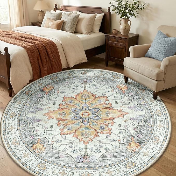 RELEANY Area Rugs 6ft Washable Non-Slip, Floral Vintage Distress Print Pattern Medallion Carpet for Living Room Bedroom Dining Room, Light Yellow Carbon Grey Orange