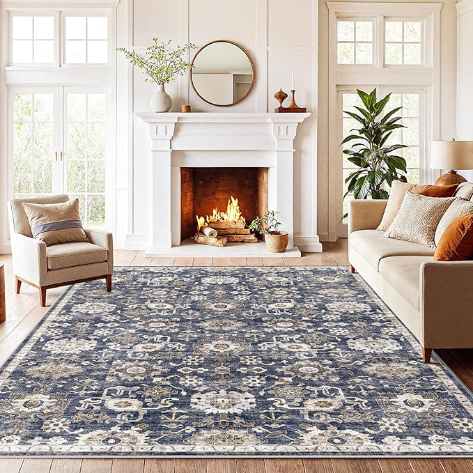 AMADA HOMEFURNISHING 9x12 Washable Area Rug, Low-Profile Large Area Rug with Non-Slip Backing & Durable Edge Binding, Vintage Large Rugs for Living Room, Bedroom & Dining Room