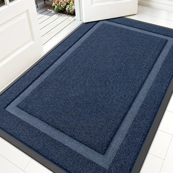 OLANLY Front Door Mat Indoor Outdoor Entrance, Waterproof All-Season, All-Weather Doormat, Sturdy Natural Rubber, Fade Resistant, Low Profile, Easy Clean Patio Porch Entryway Mat, 59x35, Blue