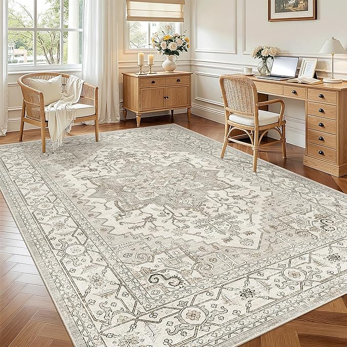 Madane 5x7 Area Rugs for Living Room, Stain Resistant Washable Rug, Non-Slip Backing Area Rug, Vintage Home Decor Rug for Bedroom (Beige/Brown, 5'x7')