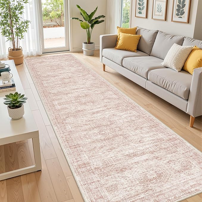 Long Bathroom Rugs Runner - Washable Runner Rugs for Hallway 2x10, Ultra-Thin Soft Kitchen Carpet Runner, Anti Slip Backing Runner Rugs for Entrance, Bedroom, Living Room(2'x10', Pink/Ivory)