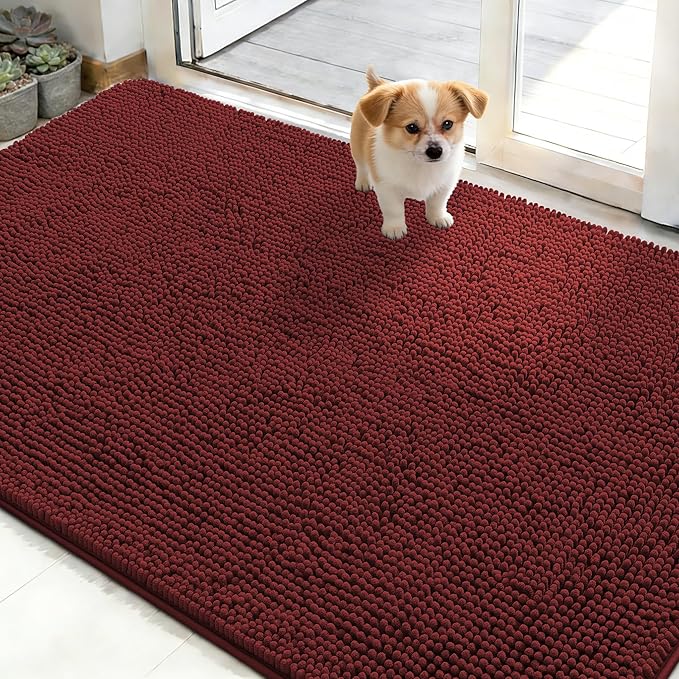 OLANLY Dog Door Mat for Muddy Paws 48x30, Absorbs Moisture and Dirt, Absorbent Non-Slip Washable Doormat, Quick Dry Chenille Mud Mat, Entry Indoor Entryway Carpet for Inside Floor, Caramel Russet