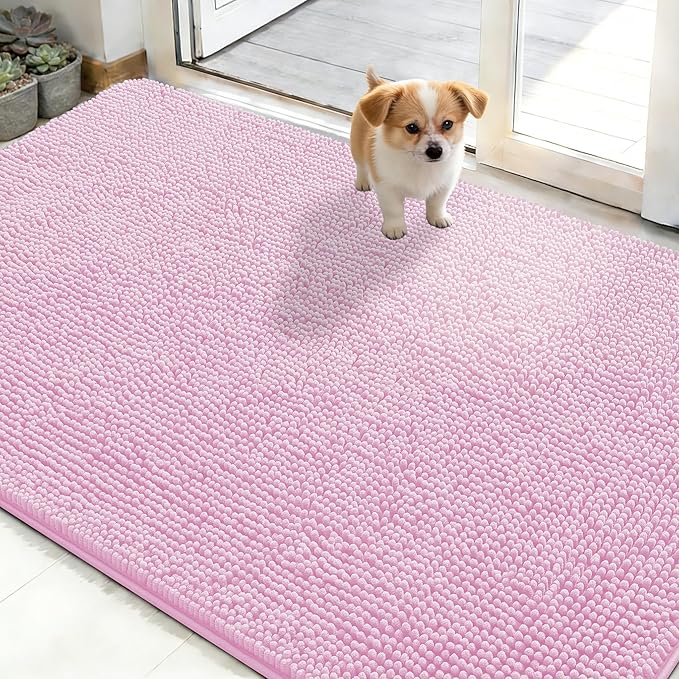 OLANLY Dog Door Mat for Muddy Paws 50x30, Absorbs Moisture and Dirt, Absorbent Non-Slip Washable Doormat, Quick Dry Chenille Mud Mat for Dogs, Entry Indoor Entryway Carpet for Inside Floor, Pink