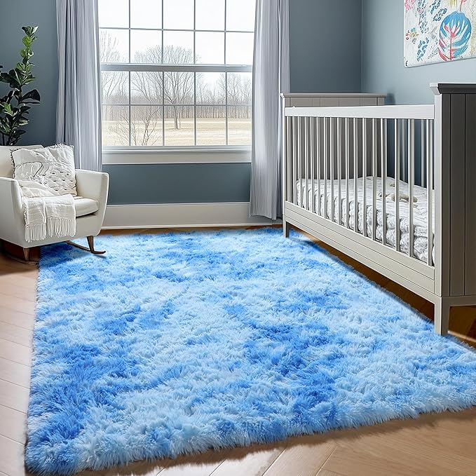 ONASAR Tie-Dye Blue Rugs for Living Room Bedroom, Fluffy 5x8 Bedside Area Rug, Soft Plush Shaggy Indoor Floor Carpet for Nursery Kids Girls Boys Teen Dorm Home Office Decor Aesthetic