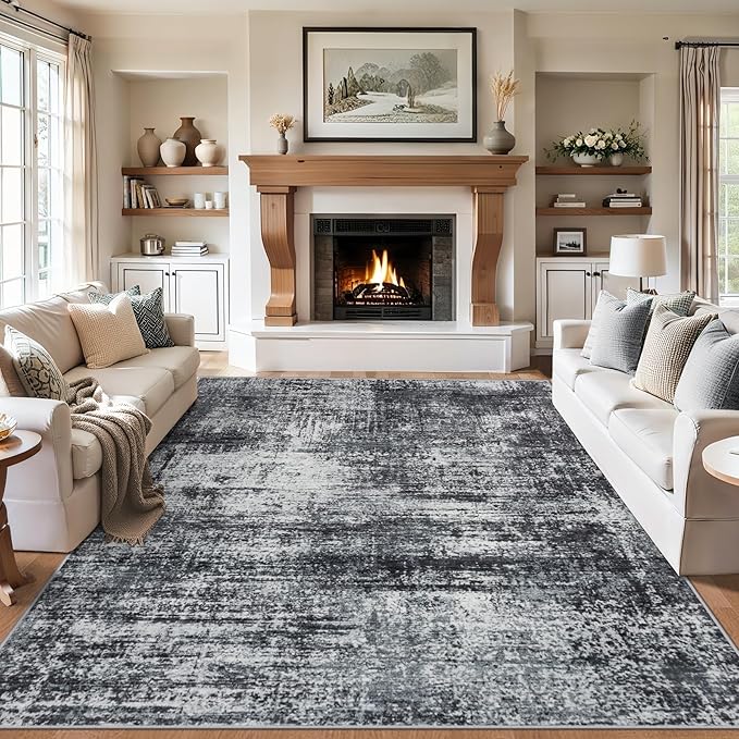 6x9 Area Rugs for Living Room - Washable Rug Modern Abstract Soft Large Neutral Non-Slip Carpet Indoor Floor Thin Carpets for Bedroom Dining Room Farmhouse Nursery Home Office Dark Black