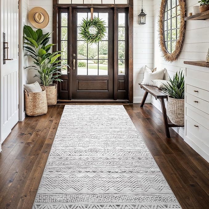 4x10 Washable Hallway Runner Rug：Moroccan Non-Slip Wide Runners for Entryway Kitchen Soft Modern Geometric Low-Pile Rugs for Living Room Thin Waterproof Carpet for Bedroom Bathroom Laundry(Grey,4x10)