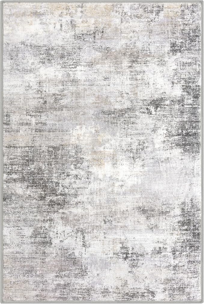 IOHOUZE Abstract Area Rug 4x6 Ft Washable Rugs for Entryway Indoor, Non Slip Small Living Room Rugs Printed Faux Wool Throw Rug, Floor Carpet for Kitchen Nursery Playroom, Grey Beige