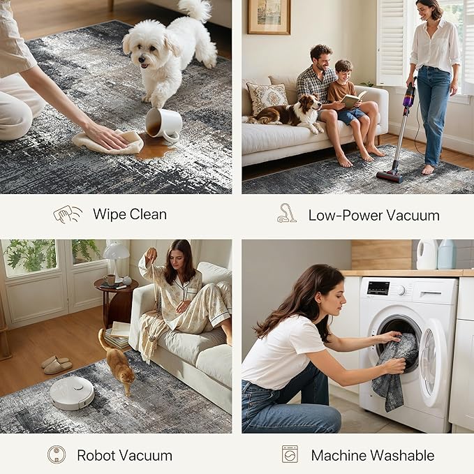 Area Rugs 8x10 for Living Room Bedroom, Modern Abstract Machine Washable Rug, Large Soft Low Pile Floor Carpet with Non Slip Backing for Dining Room, Black