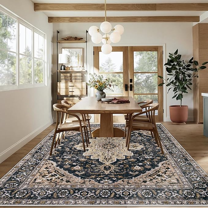 Area Rug 8x10 Vintage Rugs: Large Washable Living Room Rug Retro Medallion Distressed Soft Low Pile Non-Slip Indoor Floor Carpet for Bedroom Kitchen Nursery Dining Office (BeigeBlack, 8'x10')