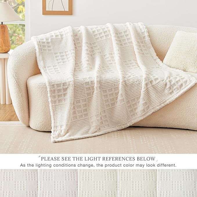 EXQ Home Fleece Throw Blanket for Couch or Bed - 3D Waffle Patchwork Pattern Jacquard Decorative Blankets - Cozy Soft Lightweight Fuzzy Flannel Blanket Suitable for All Seasons(50"×60",Beige)