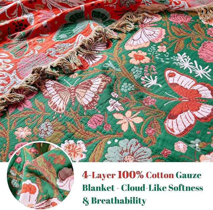 MSGKV Boho Throw Blanket for Bed 60"x80" Butterfly Floral 100% Cotton Couch Blanket Spring Breathable Lightweight Farmhouse Twin Size Blankets for Sofa Home Decor Muslin All Seasons