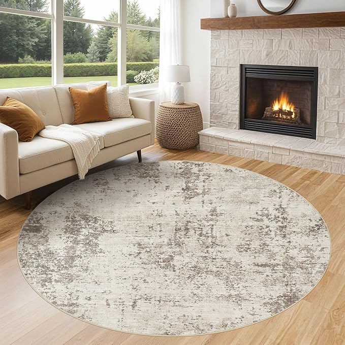 UERMEI 6ft Round Area Rug Living Room Rugs - 6x6 Washable Neutral Modern Abstract Soft Thin Rug Indoor Floor No Slip Rug Carpet for Bedroom Under Dining Table Home Office Decor - Dark Brown