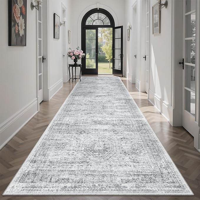 Runner Rug 3x10 Washable Non-Slip Hallway Runner Rugs for Kitchen Bathroom Laundry Room Grey Vintage Floor Carpet Runners for Hallways Entryway