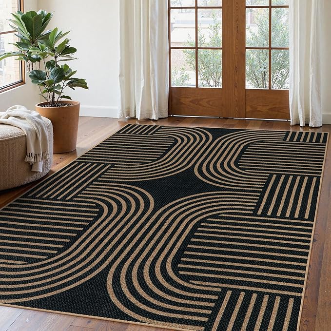 Lahome Enfys Modern Geometric Outdoor Easy Jute Rug, 5x7 Patio Living Room Rug Large Black Carpet for Bedroom, Farmhouse Washable Indoor Outdoor Carpet for Dining Room Backyard Deck
