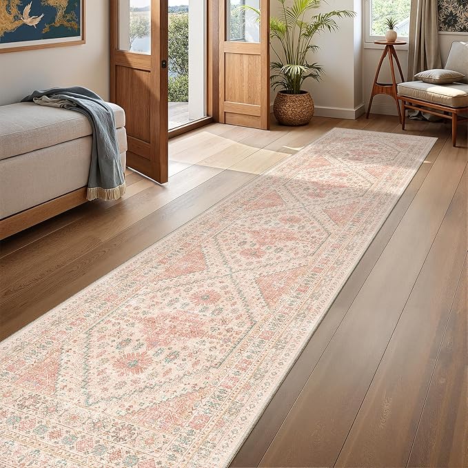 Runner Rug 2x10, Ultra-Thin Kitchen Rugs Non Slip Washable Rugs for Entryway Rug, Kitchen Runner Low Pile Vintage Soft Carpets for Living Room, Bathroom Bedroom (Pink,2'x10')