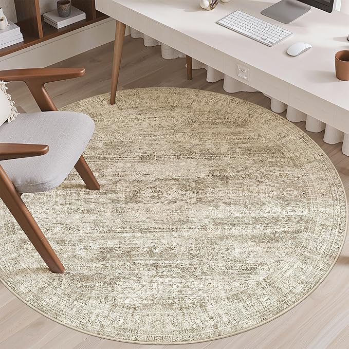 6x6 Brown Round Rug 6ft Living Room Circle Rug Vintage Round Area Rug Non Slip Indoor Carpet for Dining Room Bedroom