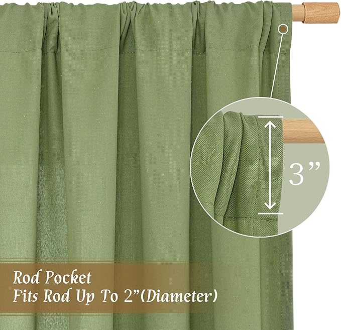 LAMIT Green Linen Curtains for Bedroom, Faux Linen Textured Light Filtering Drapes Rod Pocket Boho Neutral Room Decor Panels for Farmhouse/Living Room, 2 Panels, 52 x 72 Inch