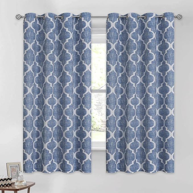 Beauoop 100% Blackout Curtains 54 Inches Long 2 Panels for Bedroom Living Room Blue Moroccan Geo Room Darkening Thermal Insulated Soundproof Grommet Top Window Treatments Drapes, 50x54 Set of 2
