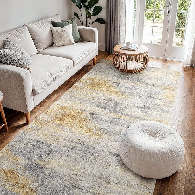 4x8 Washable Kitchen Runner Rug: Modern Abstract Wide Runners for Hallway Soft Non Slip Rugs with Rubber Backing Low Pile Thin Carpet for Entryway Bedroom Bathroom Laundry Indoor(Grey/Yellow,4x8)