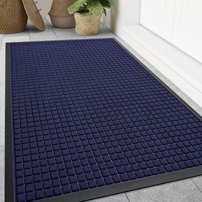 Smiry Front Door Mat Outside Entrance, Heavy Duty Natural Rubber Doormat, Non Slip, Trap Dirt and Moisture, Easy Clean, Low Profile Welcome Floor Mats for Indoor Outdoor Entry, 59x34 Inch, Navy Blue